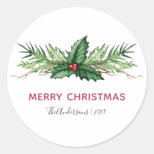 Red Holly Watercolor Foliage Christmas Holiday Classic Round Sticker
