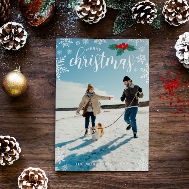 Red Holly White Snowflakes Merry Christmas Photo Holiday Card (Creator Uploaded)