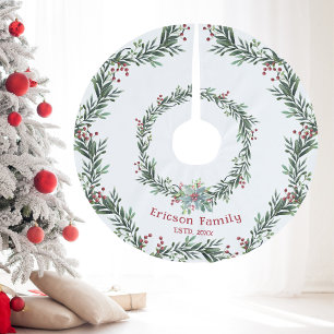 Red Holly with Green Wreath, Festive, Family Name  Brushed Polyester Tree Skirt
