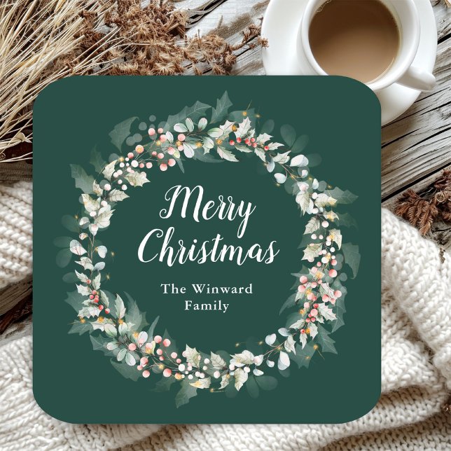 Red Holly Wreath Merry Christmas Square Paper Coaster (Creator Uploaded)