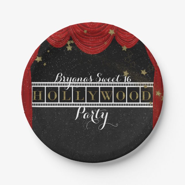 Red HOLLYWOOD Curtains & Gold Party Custom Paper Plate (Front)