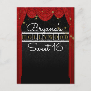 Red HOLLYWOOD Curtains & Gold Party Save the Date Announcement Postcard