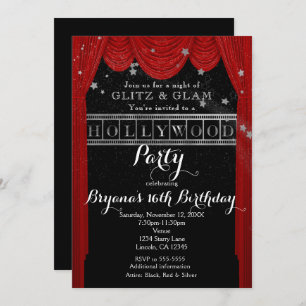 Red HOLLYWOOD Curtains & Silver Party Invitations