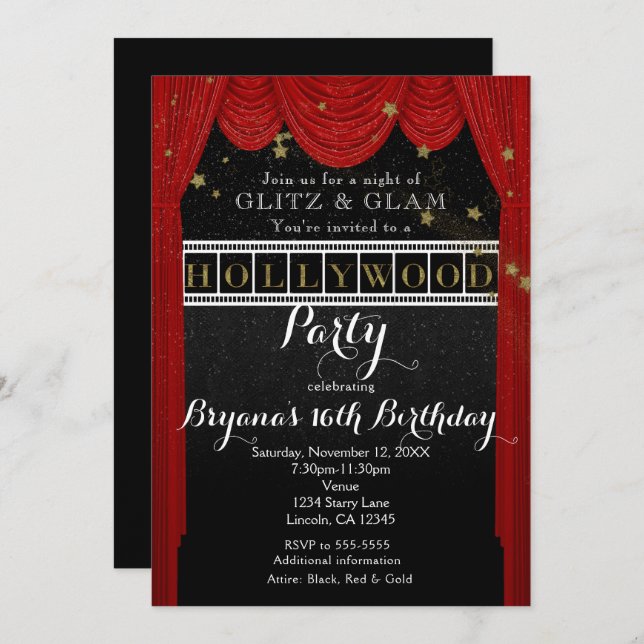 Red HOLLYWOOD rideaux & Gold Party Invitations (Devant / Derrière)