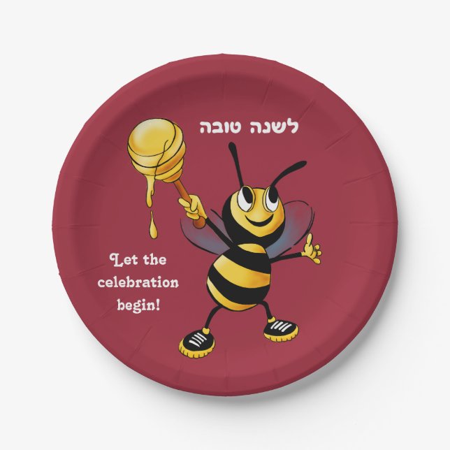 Red Honey Bee Rosh HaShana Paper Plate (Front)