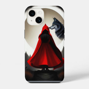 Red Hooded Figure Facing Majestic Wolf iPhone 14 Case
