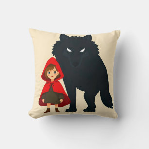 Red Hooded Figure Facing Majestic Wolf Throw Pillow