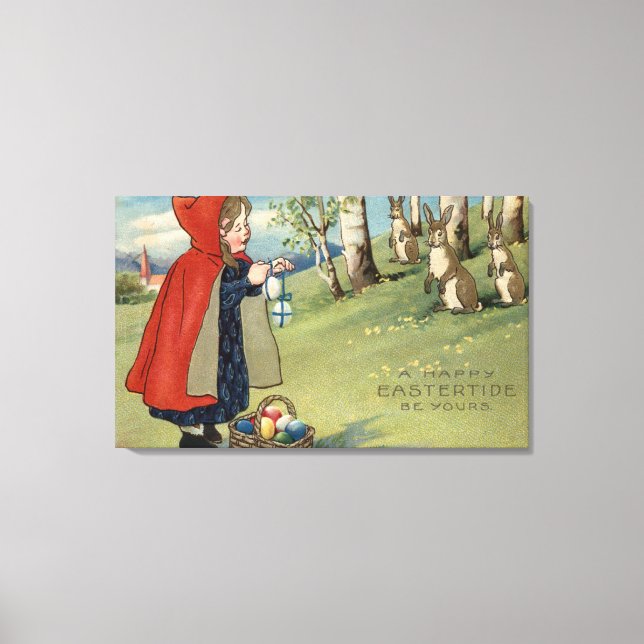 Red Hooded Girl Handing Eggs to Rabbits Canvas Print (Front)