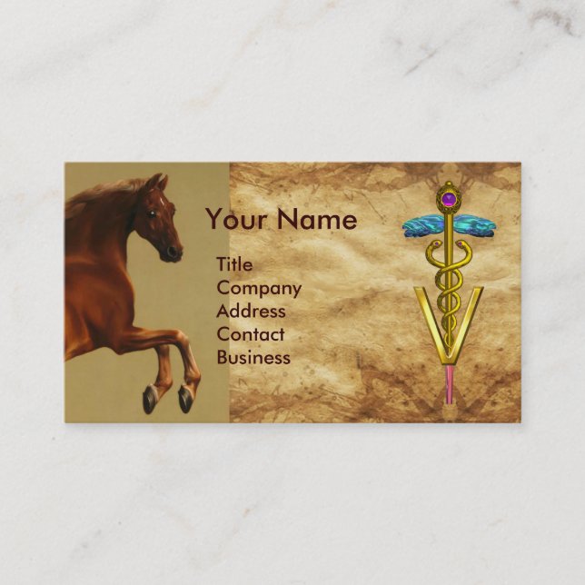 RED HORSE AND GOLD CADUCEUS VETERINARY SYMBOL BUSINESS CARD (Front)