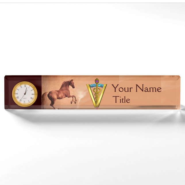 RED HORSE AND GOLD CADUCEUS VETERINARY SYMBOL NAMEPLATE (Front)