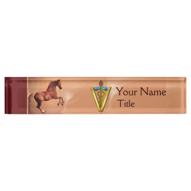 RED HORSE AND GOLD CADUCEUS VETERINARY SYMBOL NAMEPLATE (Front)