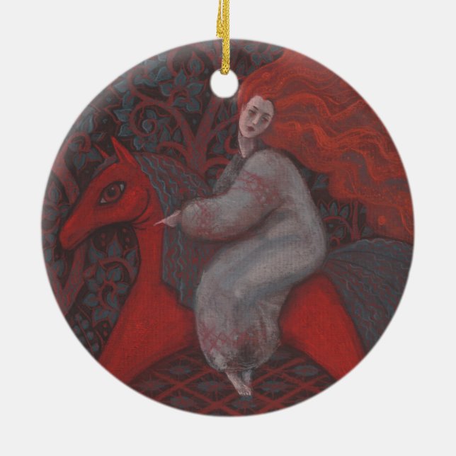 “Red Horse”, redhead woman, fantasy surreal art Ceramic Ornament (Back)