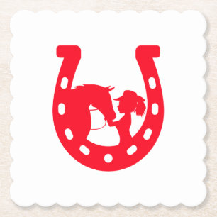 Red Horseshoe Girl and Horse Paper Coaster