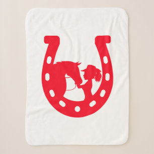Red Horseshoe Girl and Horse Sherpa Blanket