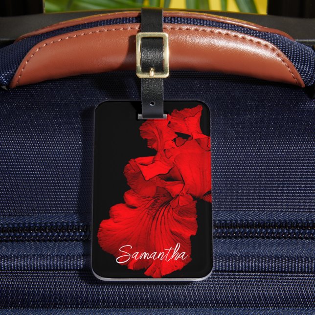 Red Hot Bearded Iris Flower Personalized Luggage Tag (Front Insitu 2)