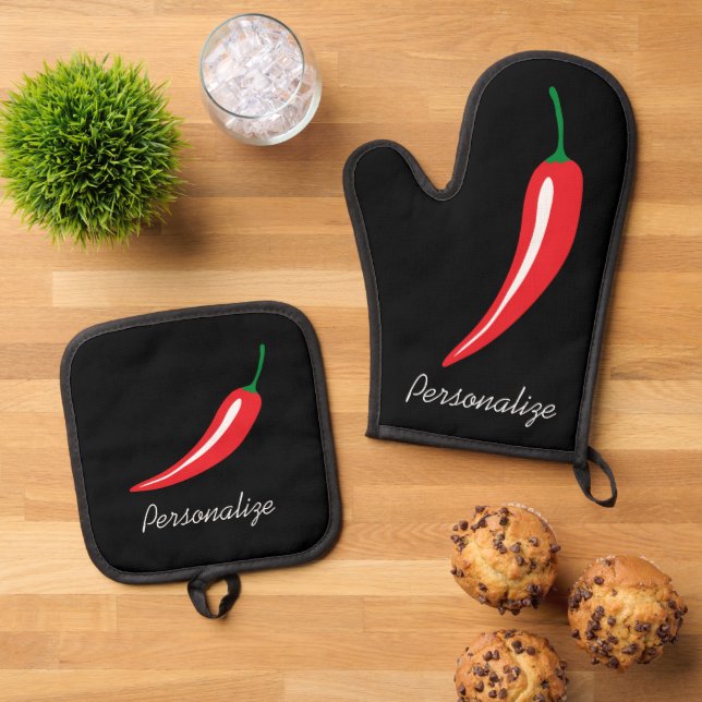 Red hot chili pepper drawing personalized kitchen oven mitt & pot holder set (Top Down)