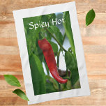 Red Hot Chili Pepper Spicy Hot Customizable Kitchen Towel<br><div class="desc">These kitchen towels in the colours of the Italian Flag,  green,  white and red,  feature the photographic image of a red hot chili pepper against green leaves on the white towel.  The text is customizable for a Name or your own text.
This is original garden photography by JLW_PHOTOGRAPHY.</div>