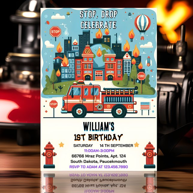 Red Hot Fire Truck Engine Safety 1st birthday Invitation (Creator Uploaded)