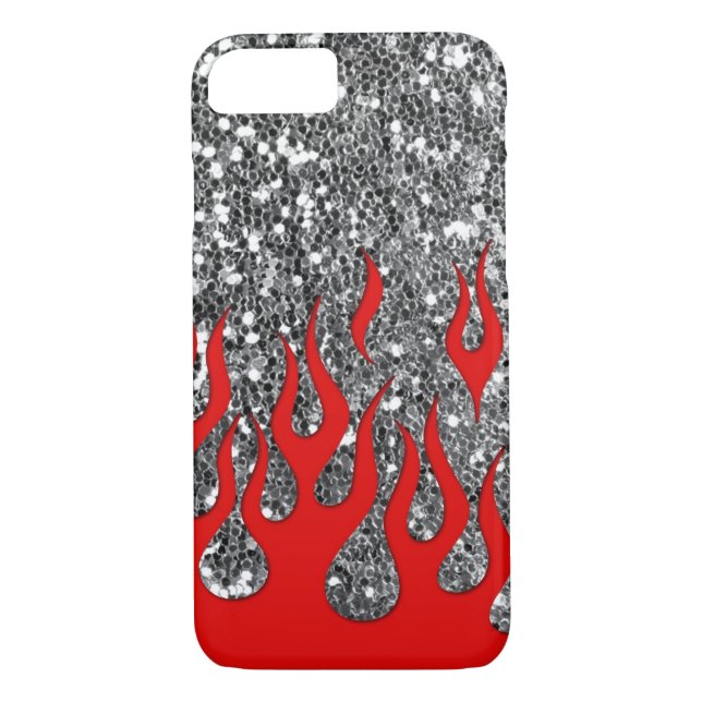 Red Hot Flames on Silver Glitter Look Case-Mate iPhone Case (Back)