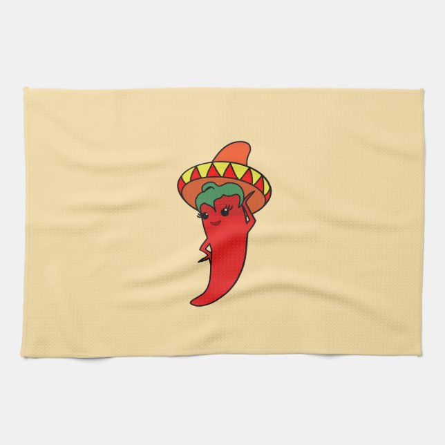 Red Hot Kawaii Pepper Diva Kitchen Towel (Horizontal)