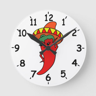 Red Hot Kawaii Pepper Diva Mexican Sombrero  Round Clock