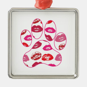 Red Hot Lips Dog Paw Print Metal Ornament