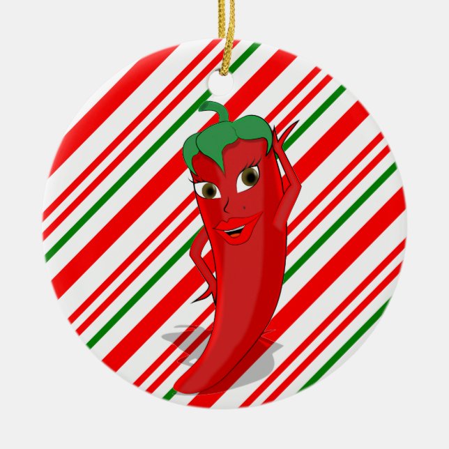 Red Hot Pepper Diva Candy Cane  Ceramic Ornament (Front)