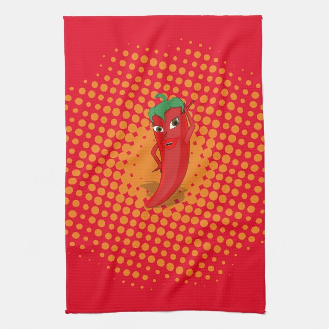 Red Hot Pepper Diva Orange Dots  Kitchen Towel (Vertical)