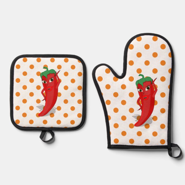 Red Hot Pepper Diva Orange Polka Dots Oven Mitt & Pot Holder Set (Front)