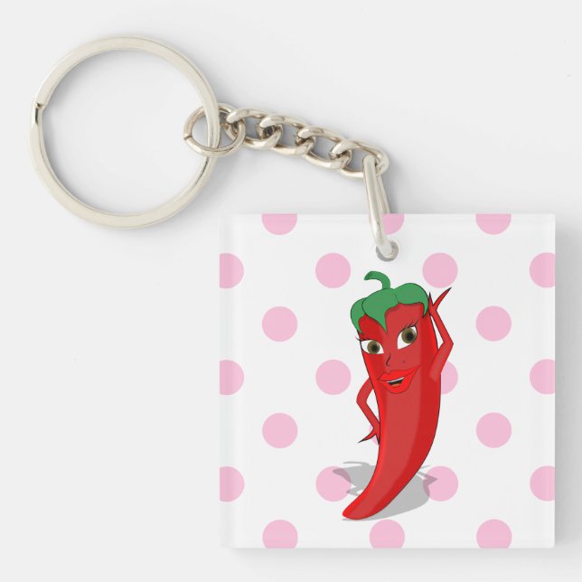 Red Hot Pepper Diva Pink Polka Dots Keychain (Front)