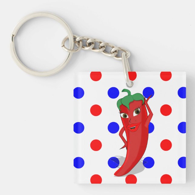 Red Hot Pepper Diva Red Blue Polka Dots Keychain (Front)