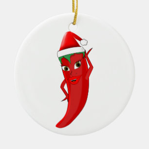 Red Hot Pepper Diva With Santas Hat Ceramic Ornament