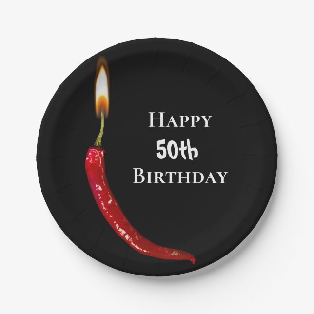 red hot pepper with candle flame 50th birthday paper plate (Front)