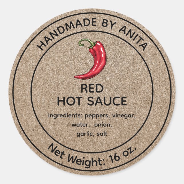 Red Hot Sauce Canning Jar Label Kraft (Front)