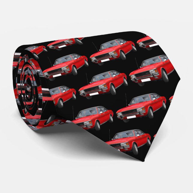 Red Hotrod 1970s Car Pattern Tie (Rolled)