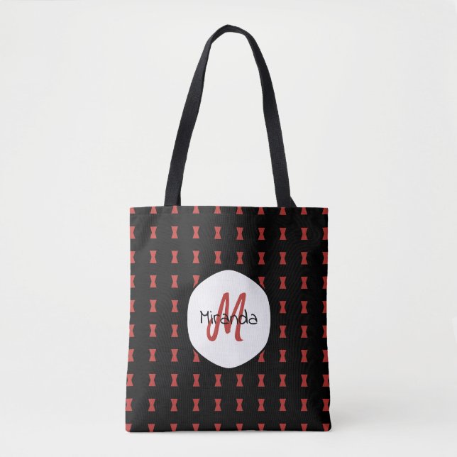 Red Hourglass Black Widow Pattern Monogrammed Name Tote Bag (Front)