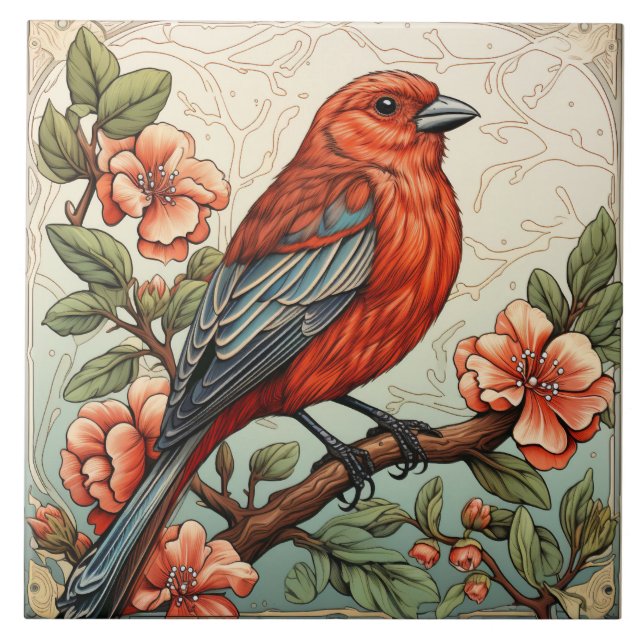 Red House Finch, art nouveau Tile (Front)