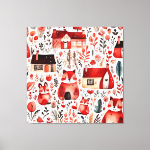 Red houses and houses cute Paper Sheet Canvas Print
