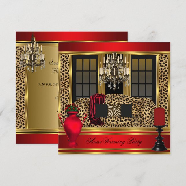 Red Housewarming Party Chandelier Leopard Gold Invitation (Front/Back)