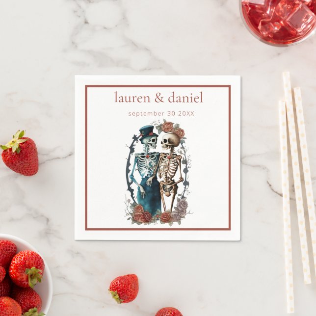 Red hues Skeleton couple Names Date Wedding Napkin (Insitu)