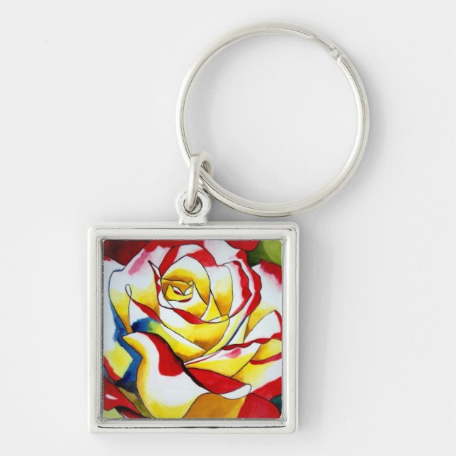 Red hybrid Tea Rose watercolor Flower Keychain (Front)