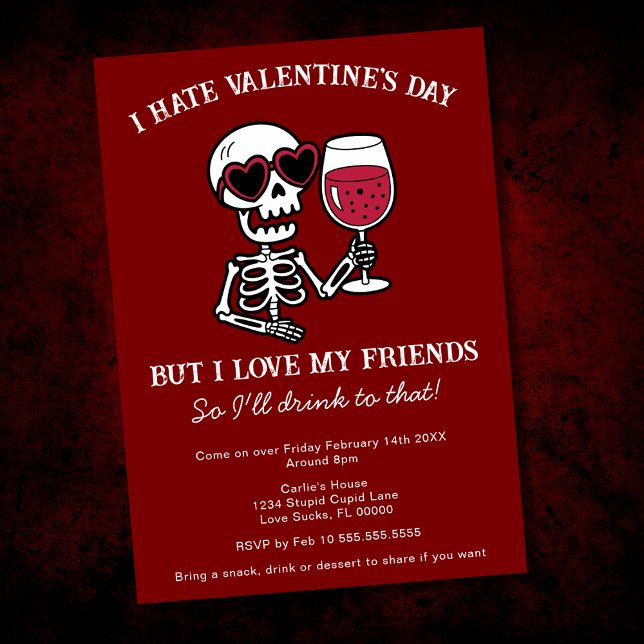 Red I Hate Valentine's Day Skeleton Drinking Wine Invitation (Creator Uploaded)