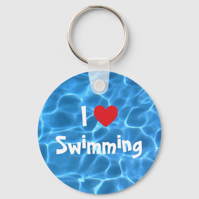 Red I Love Swimming Blue Swimming Pool Keychain (Front)