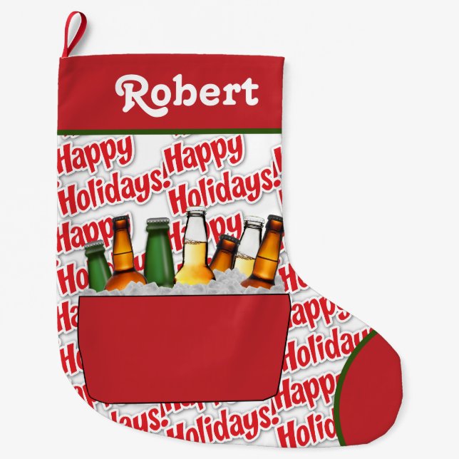 Red Ice Chest With Beer Happy Holidays Large Christmas Stocking (Front)