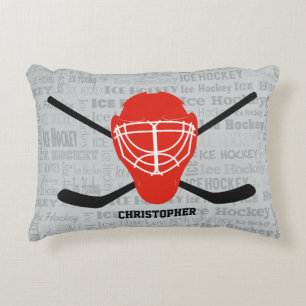 Red Ice Hockey Helmet and Sticks Typography Decorative Pillow