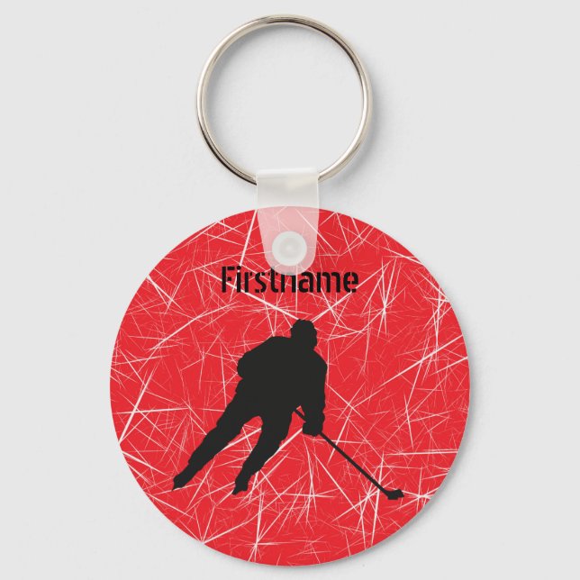 Red ice silhouette hockey player keychain (Front)