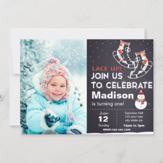 Red Ice Skates Birthday Invitation with photo