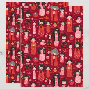Red Illustrated Japanese Kokeshi Scrapbook Paper