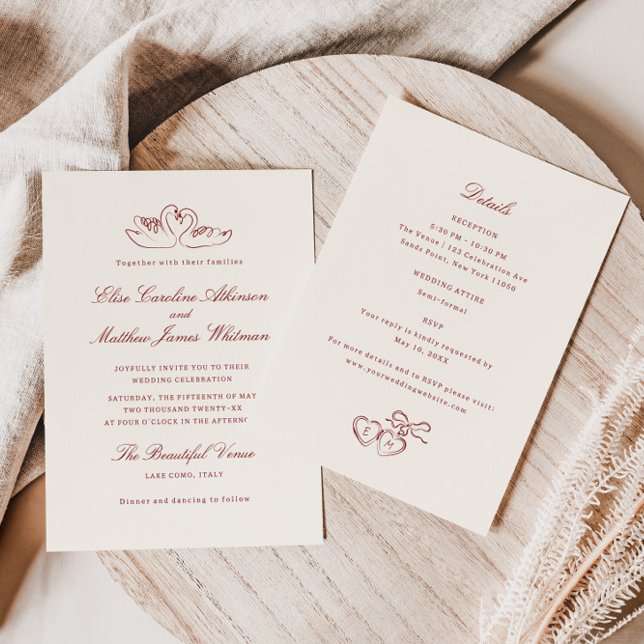Red Illustrated Swans Whimsical All in One Wedding Invitation (Creator Uploaded)