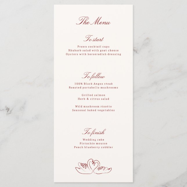 Red Illustrated Swans Whimsical Wedding Menu (Front)
